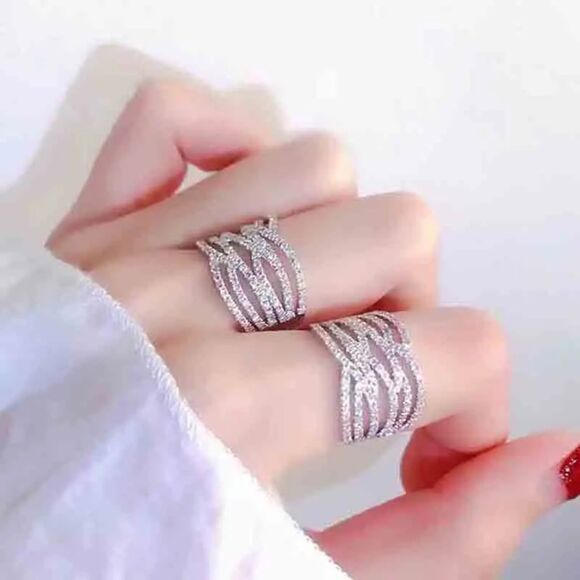 Rhodium-Plated Cubic Zirconia Criss-Cross Wide Band Cocktail Ring - Picture 11 of 11